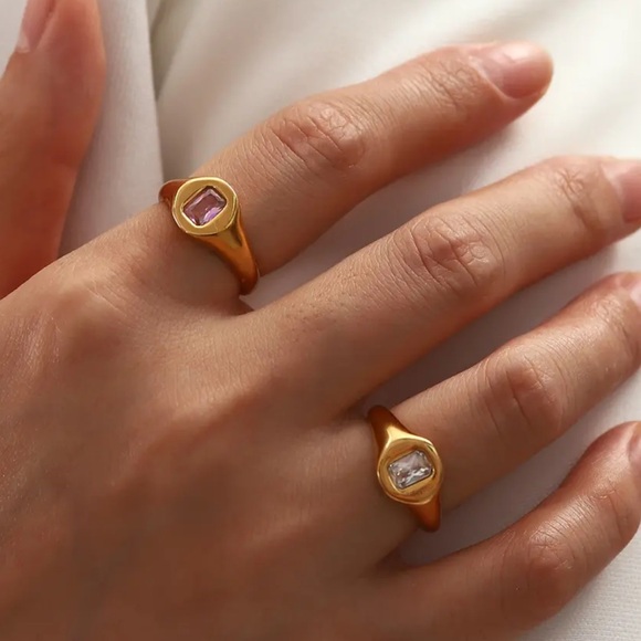 18K Gold Plated Pink Swarovski Lucent Ring*Pink Cubic Zirconia*Emerald Cut*JD - Picture 4 of 4